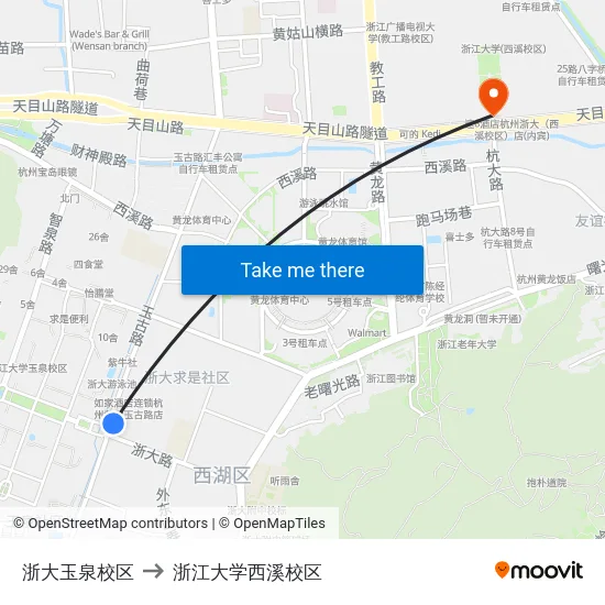 浙大玉泉校区 to 浙江大学西溪校区 map