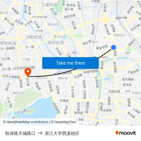 秋涛路天城路口 to 浙江大学西溪校区 map