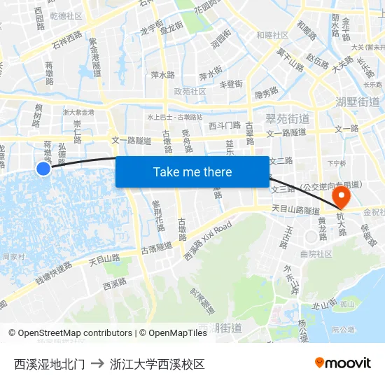 西溪湿地北门 to 浙江大学西溪校区 map