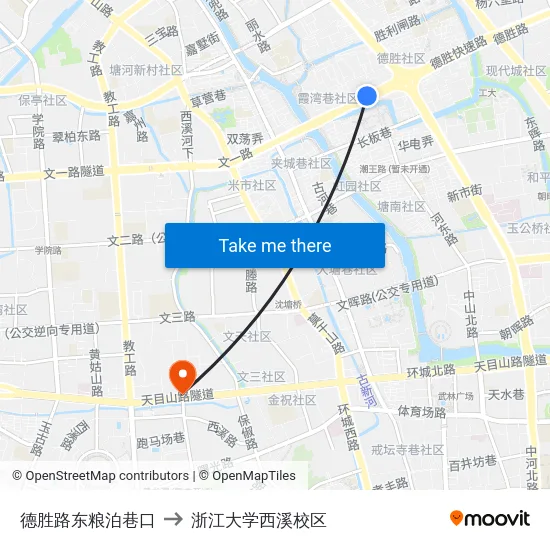 德胜路东粮泊巷口 to 浙江大学西溪校区 map