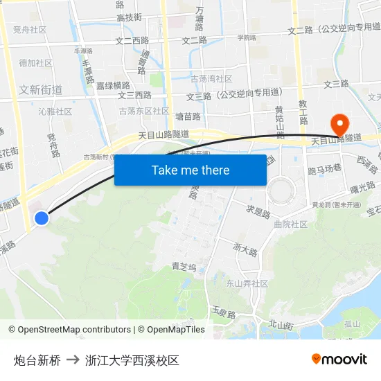 炮台新桥 to 浙江大学西溪校区 map