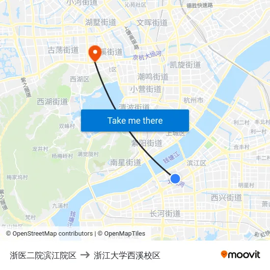 浙医二院滨江院区 to 浙江大学西溪校区 map