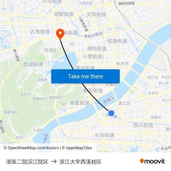 浙医二院滨江院区 to 浙江大学西溪校区 map