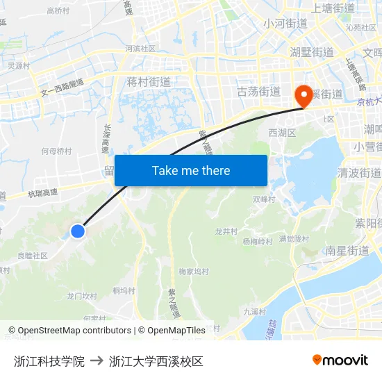 浙江科技学院 to 浙江大学西溪校区 map