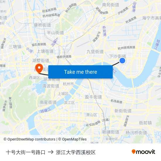 十号大街一号路口 to 浙江大学西溪校区 map