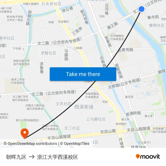 朝晖九区 to 浙江大学西溪校区 map