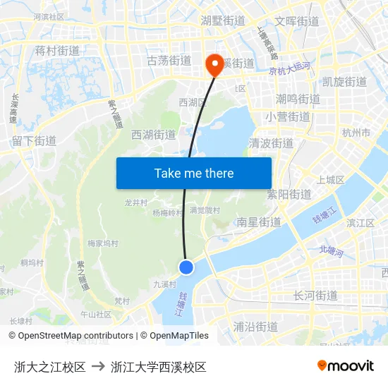 浙大之江校区 to 浙江大学西溪校区 map