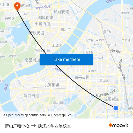 萧山广电中心 to 浙江大学西溪校区 map