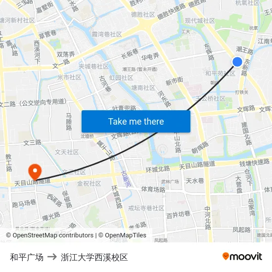和平广场 to 浙江大学西溪校区 map