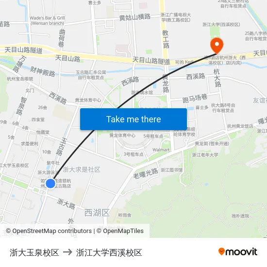 浙大玉泉校区 to 浙江大学西溪校区 map