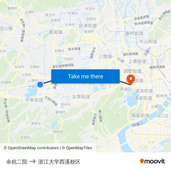 余杭二院 to 浙江大学西溪校区 map