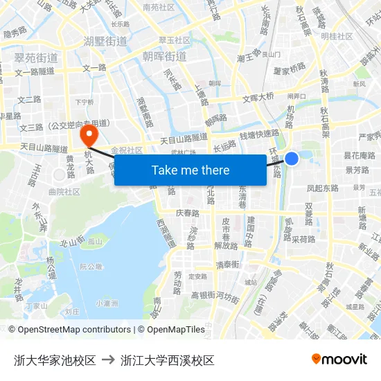 浙大华家池校区 to 浙江大学西溪校区 map