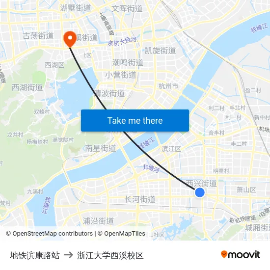 地铁滨康路站 to 浙江大学西溪校区 map