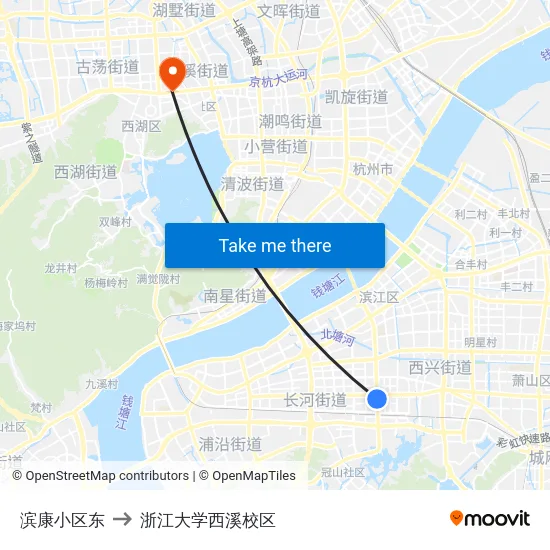滨康小区东 to 浙江大学西溪校区 map