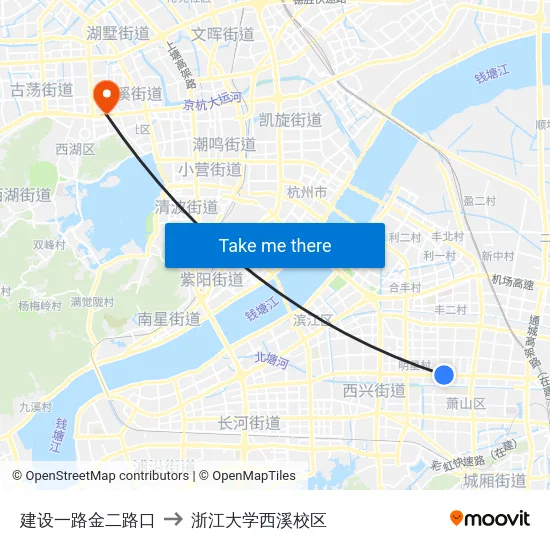 建设一路金二路口 to 浙江大学西溪校区 map