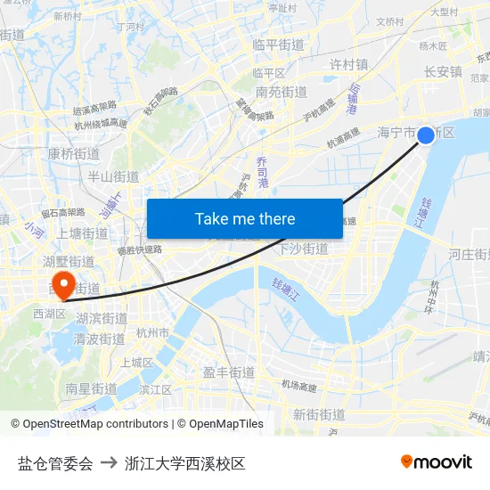 盐仓管委会 to 浙江大学西溪校区 map