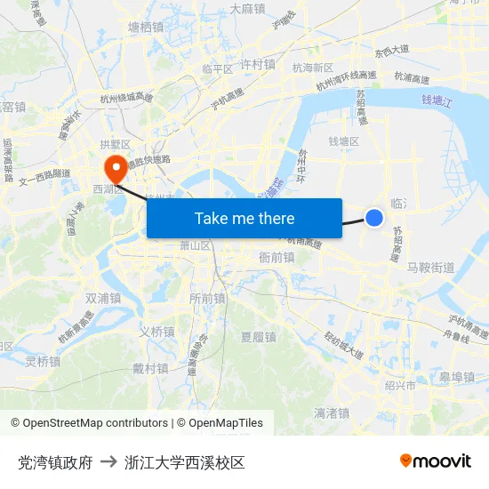 党湾镇政府 to 浙江大学西溪校区 map