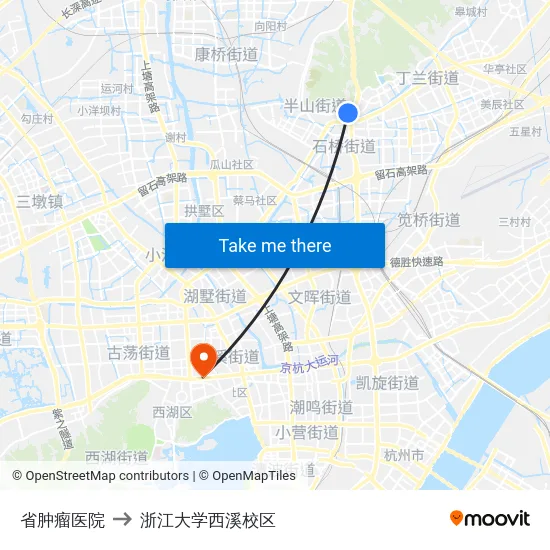 省肿瘤医院 to 浙江大学西溪校区 map