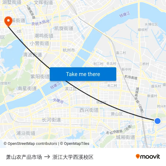 萧山农产品市场 to 浙江大学西溪校区 map