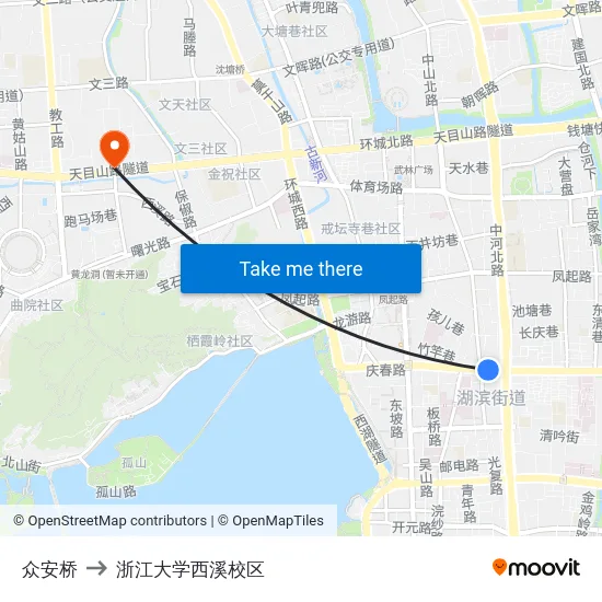众安桥 to 浙江大学西溪校区 map