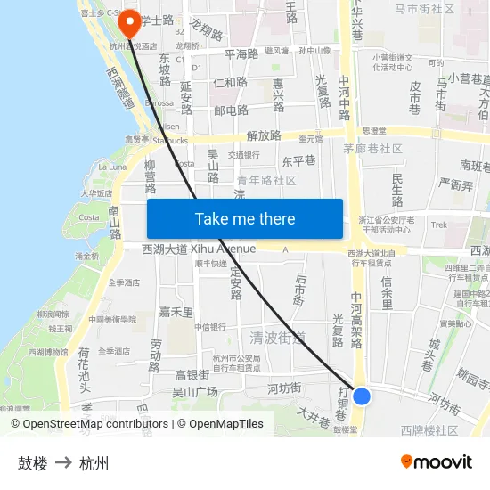 鼓楼 to 杭州 map