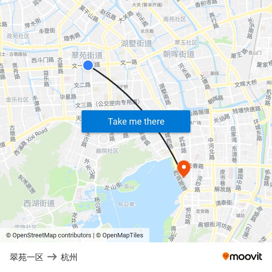 翠苑一区 to 杭州 map