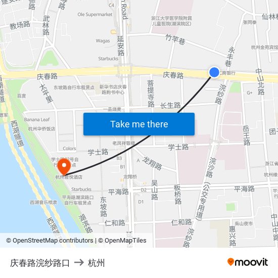 庆春路浣纱路口 to 杭州 map