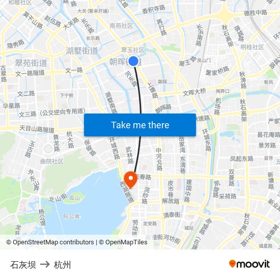 石灰坝 to 杭州 map