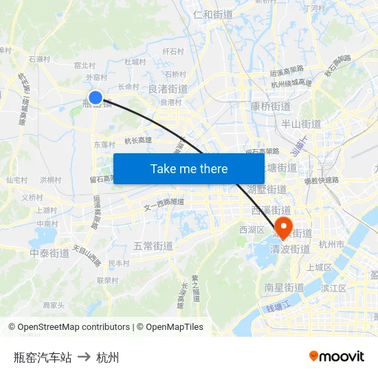 瓶窑汽车站 to 杭州 map