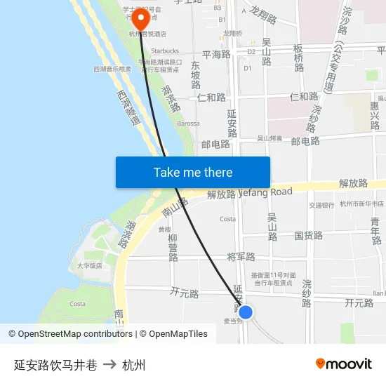 延安路饮马井巷 to 杭州 map