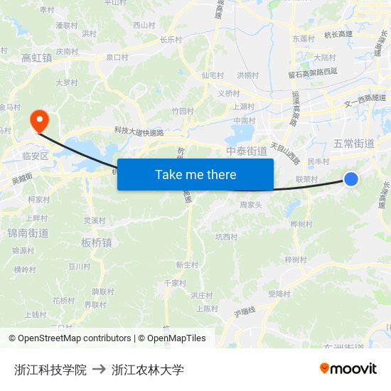 浙江科技学院 to 浙江农林大学 map