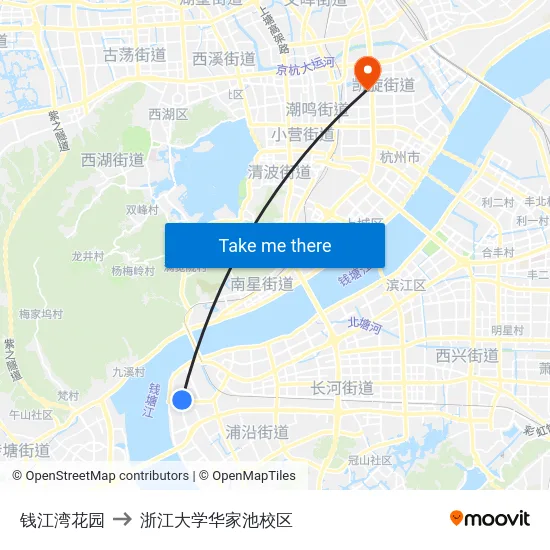 钱江湾花园 to 浙江大学华家池校区 map
