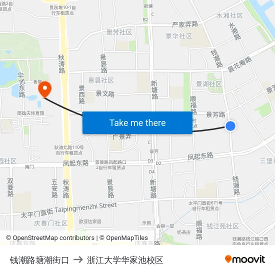 钱潮路塘潮街口 to 浙江大学华家池校区 map