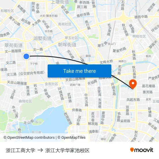 浙江工商大学 to 浙江大学华家池校区 map