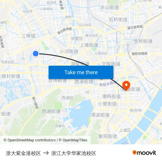 浙大紫金港校区 to 浙江大学华家池校区 map