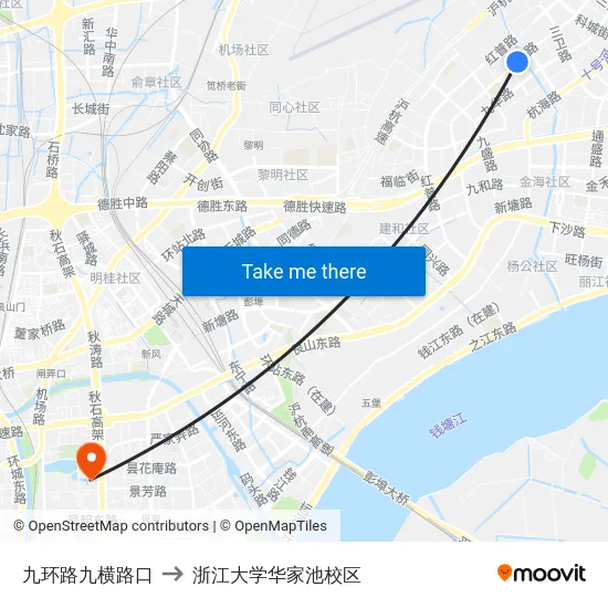 九环路九横路口 to 浙江大学华家池校区 map