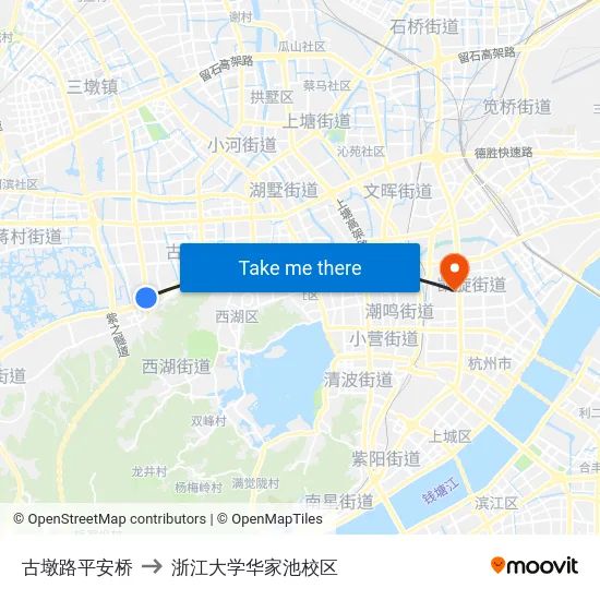 古墩路平安桥 to 浙江大学华家池校区 map