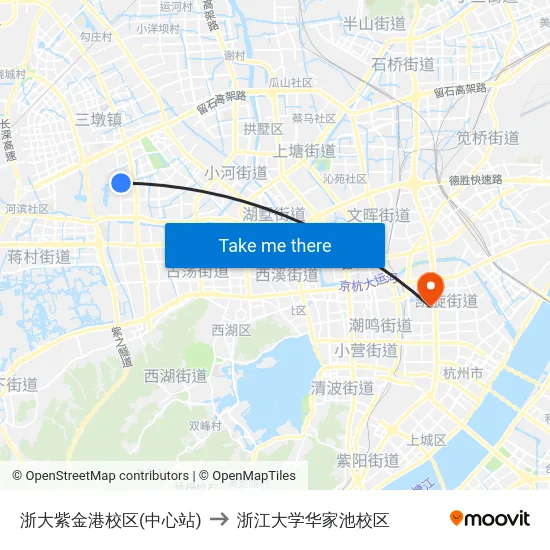 浙大紫金港校区(中心站) to 浙江大学华家池校区 map