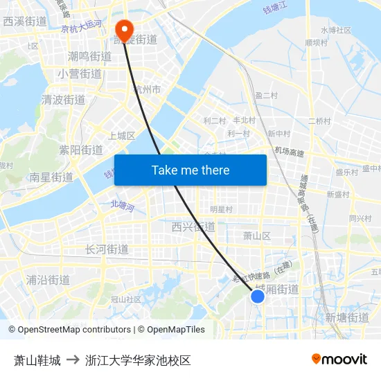萧山鞋城 to 浙江大学华家池校区 map