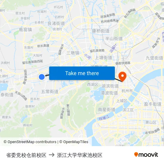 省委党校仓前校区 to 浙江大学华家池校区 map