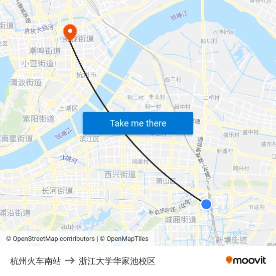 杭州火车南站 to 浙江大学华家池校区 map
