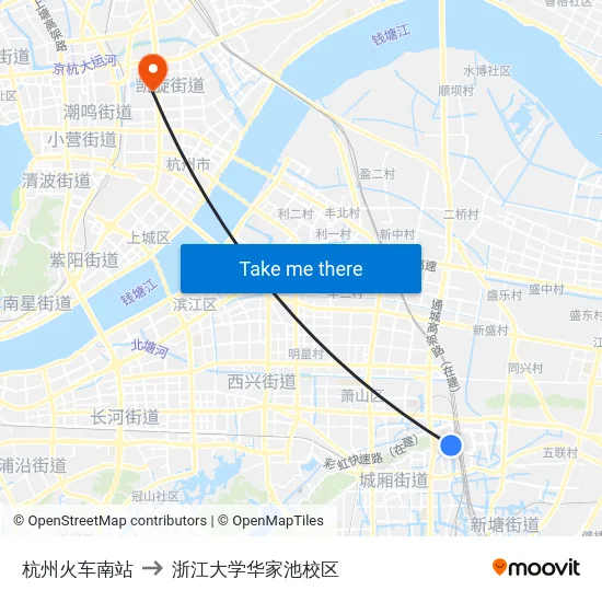 杭州火车南站 to 浙江大学华家池校区 map