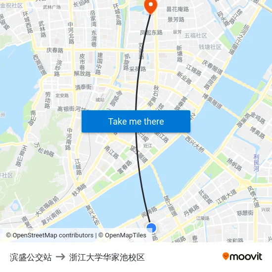 滨盛公交站 to 浙江大学华家池校区 map
