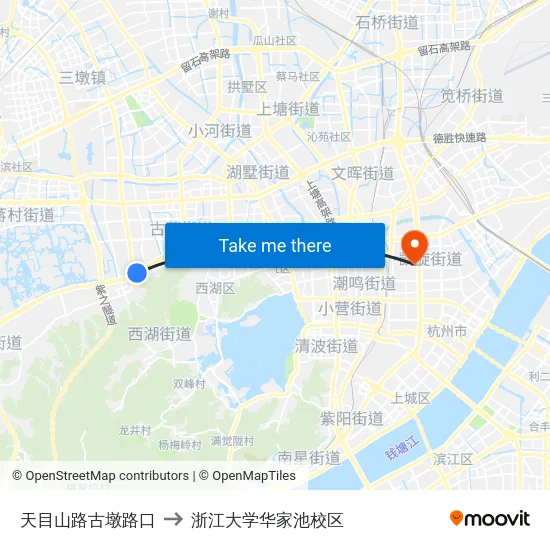 天目山路古墩路口 to 浙江大学华家池校区 map