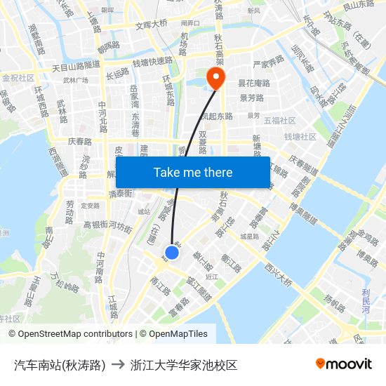 汽车南站(秋涛路) to 浙江大学华家池校区 map