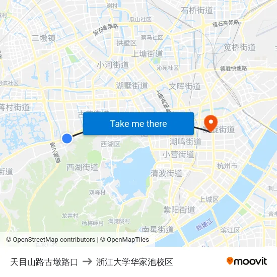 天目山路古墩路口 to 浙江大学华家池校区 map