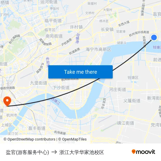 盐官(游客服务中心) to 浙江大学华家池校区 map