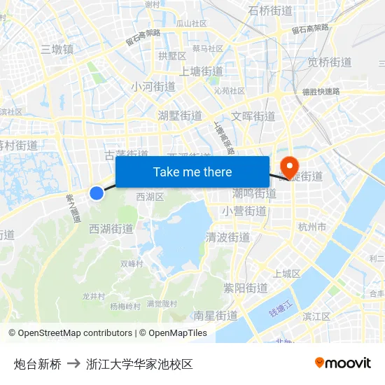 炮台新桥 to 浙江大学华家池校区 map