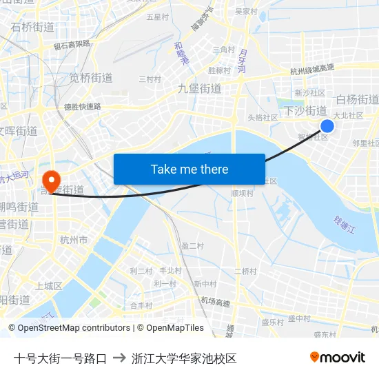 十号大街一号路口 to 浙江大学华家池校区 map