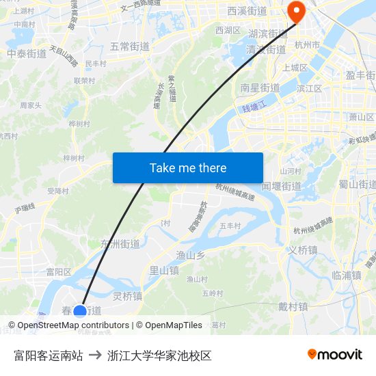 富阳客运南站 to 浙江大学华家池校区 map